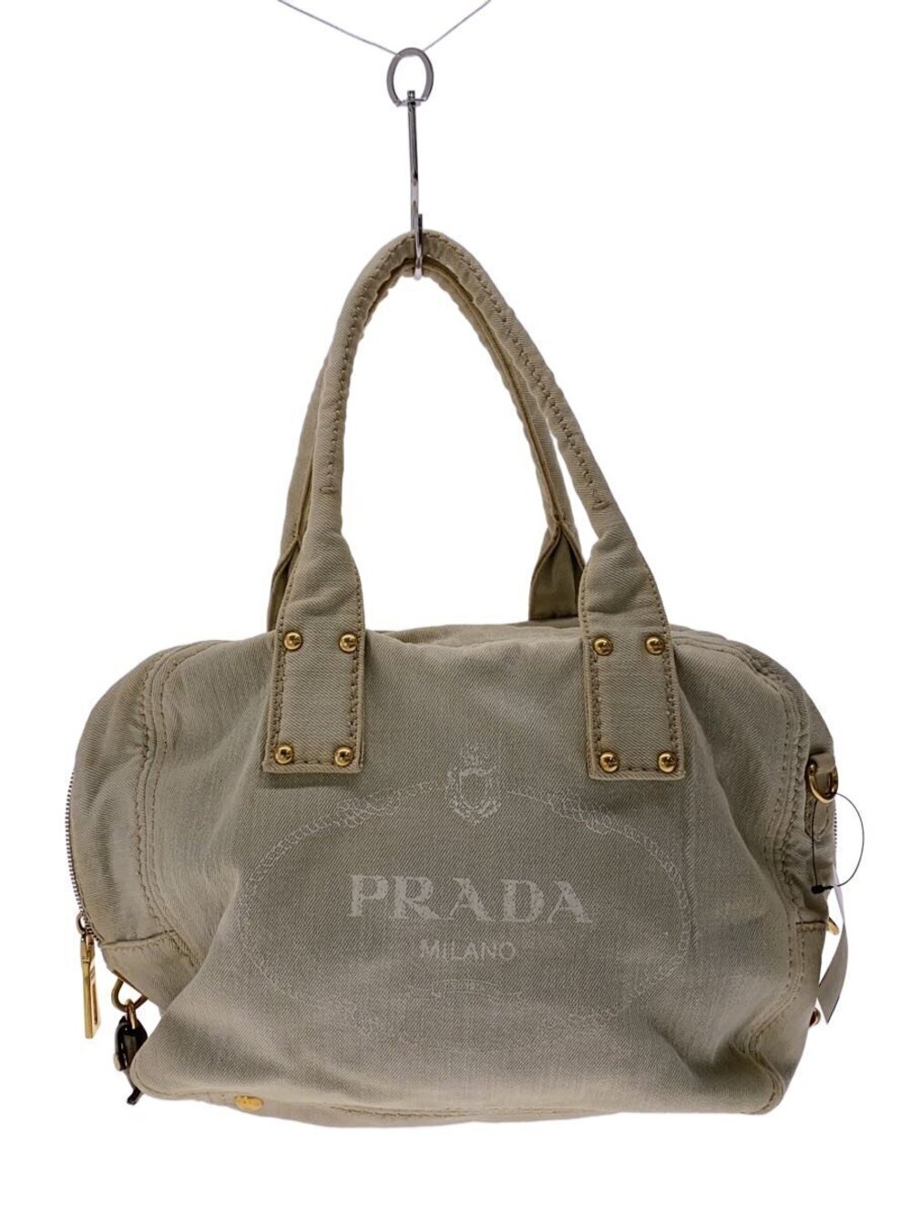 Prada Canapa bag canvas tote logo prominently front Beige Gray